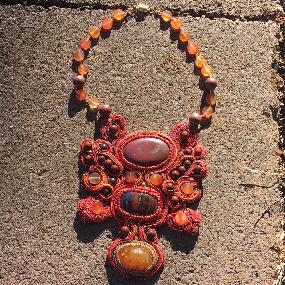 Statement necklace orange and red soutache gems